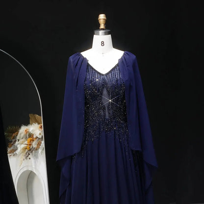 Luxury Purple V-Neck Beaded Chiffon Evening Dress with Cape Sleeves SS053