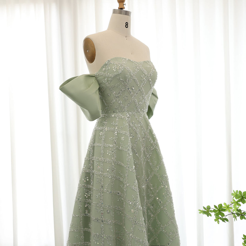 Elegant Sequin Sage Green A-line Strapless Evening Dresses SS427