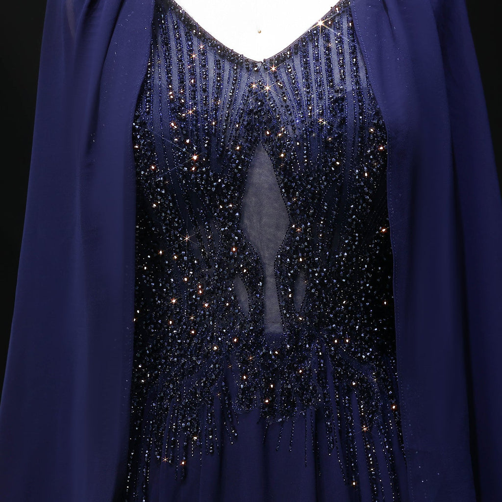 Elegant Purple V-Neck Beaded Chiffon Evening Dress with Cape Sleeves SS053