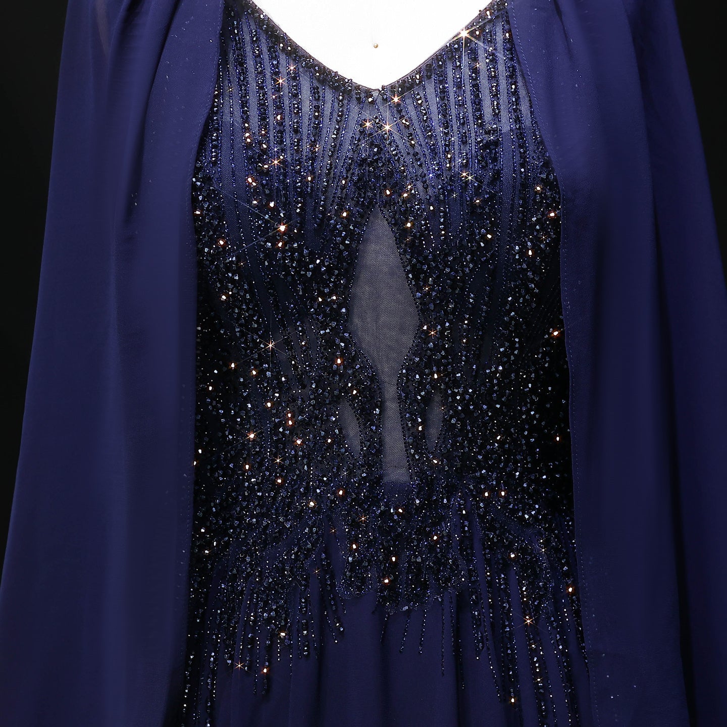 Elegant Purple V-Neck Beaded Chiffon Evening Dress with Cape Sleeves SS053