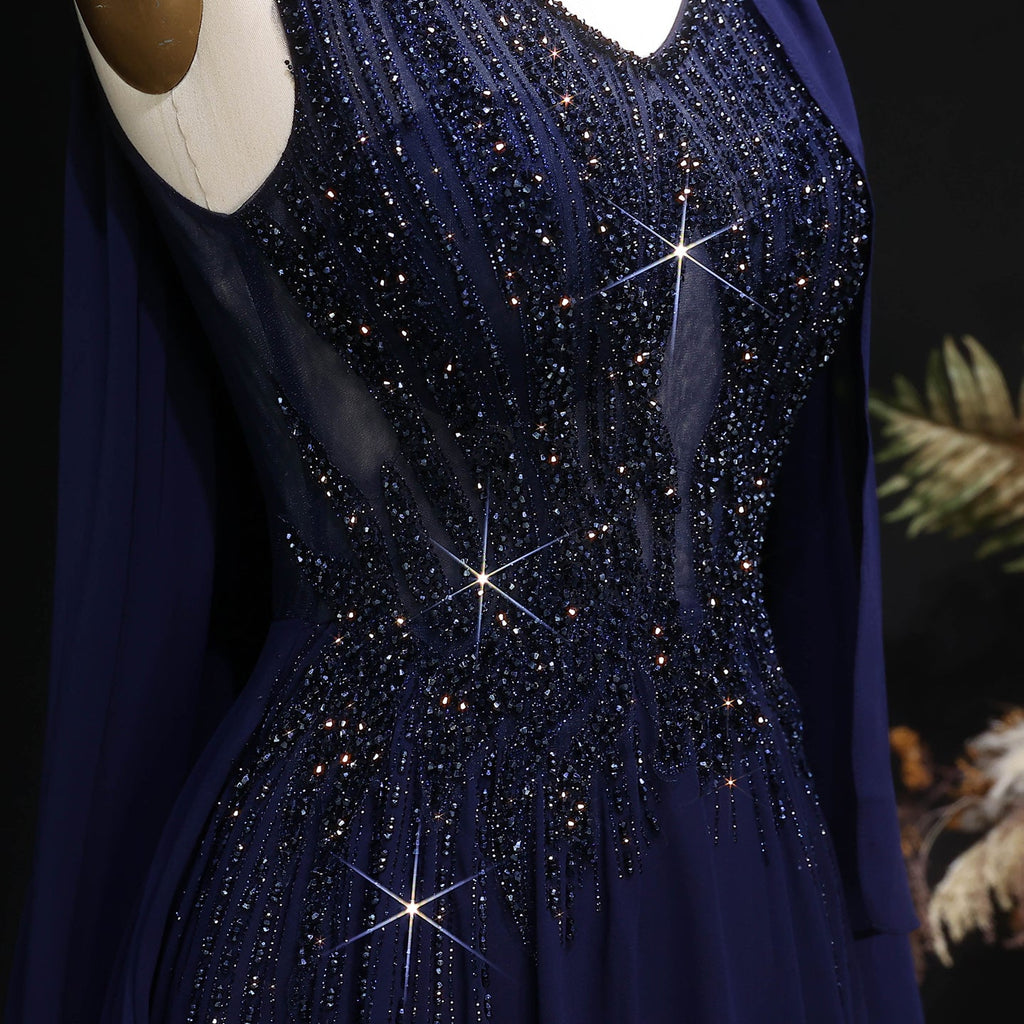 Elegant Purple V-Neck Beaded Chiffon Evening Dress with Cape Sleeves SS053