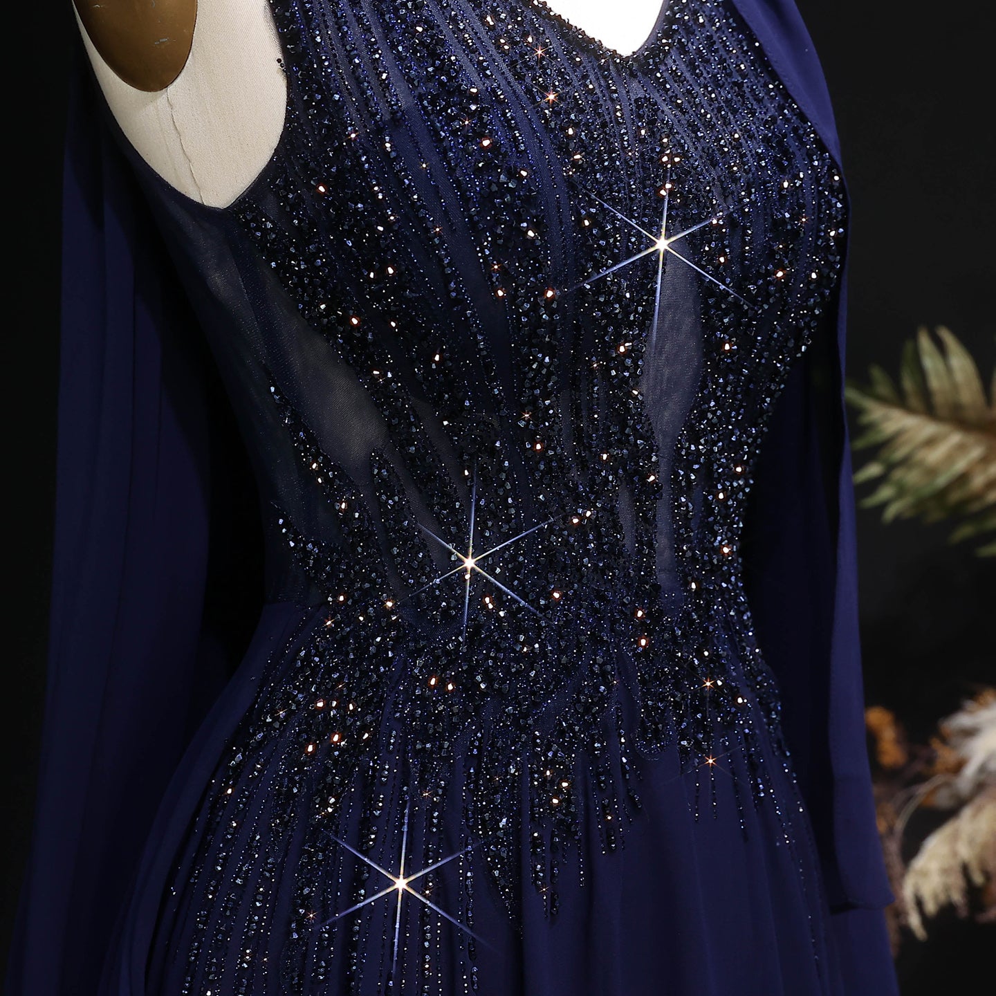 Elegant Purple V-Neck Beaded Chiffon Evening Dress with Cape Sleeves SS053