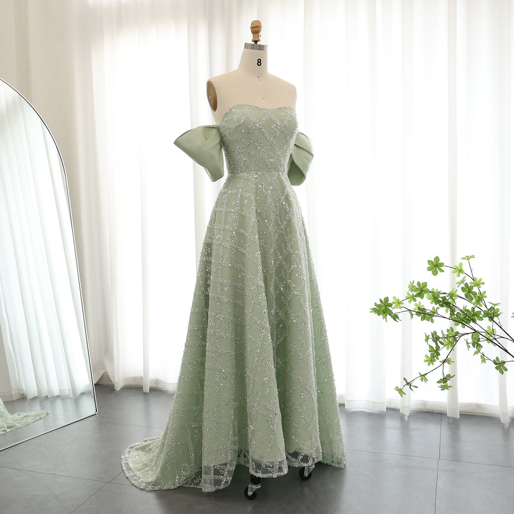 Elegant Sequin Sage Green A-line Strapless Evening Dresses SS427