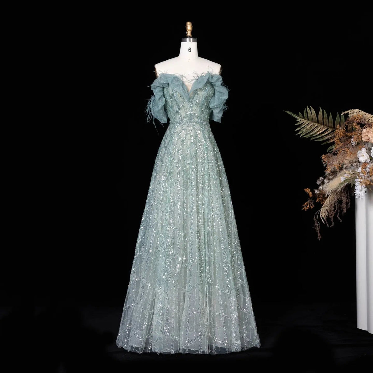 Luxury Feathers Green Off Shoulder Evening Dress SS303