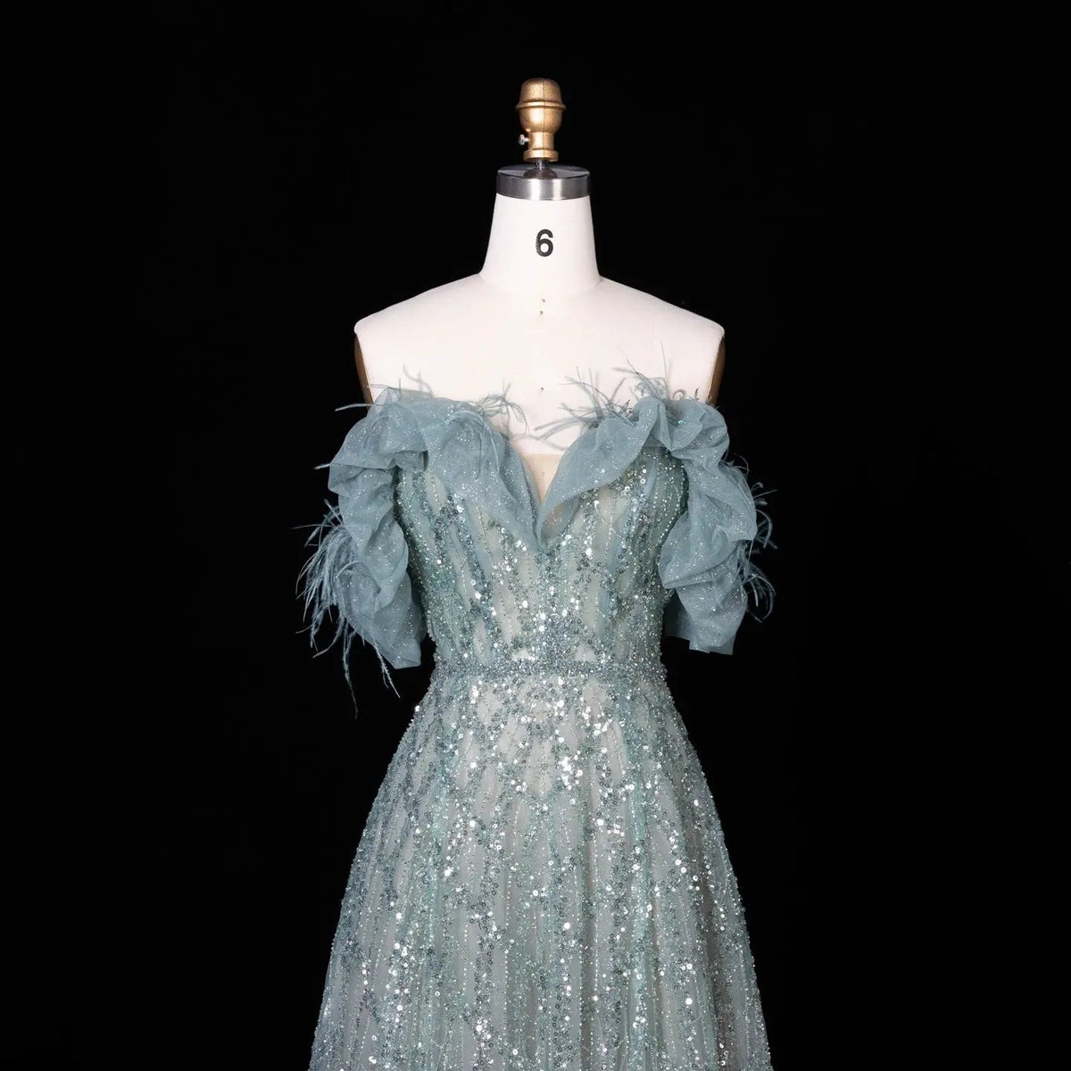 Luxury Feathers Green Off Shoulder Evening Dress SS303