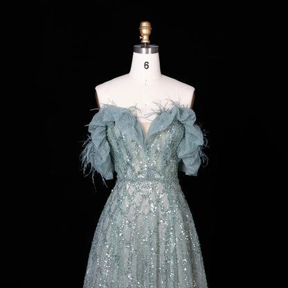 Luxury Feathers Green Off Shoulder Evening Dress SS303