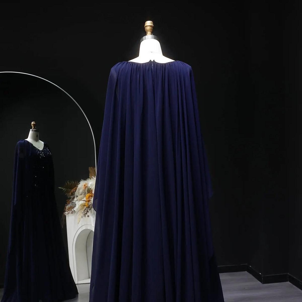 Luxury Purple V-Neck Beaded Chiffon Evening Dress with Cape Sleeves SS053