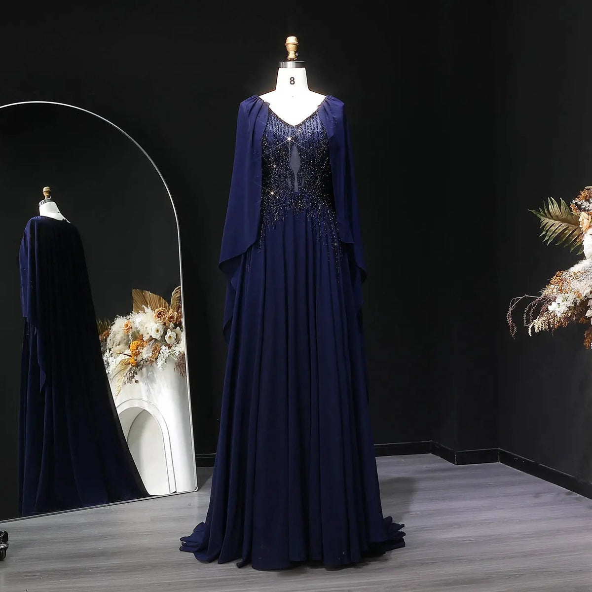 Luxury Purple V-Neck Beaded Chiffon Evening Dress with Cape Sleeves SS053