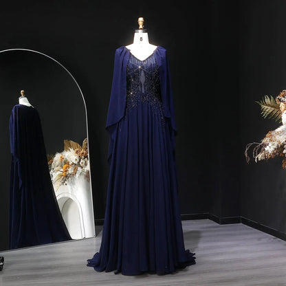 Luxury Purple V-Neck Beaded Chiffon Evening Dress with Cape Sleeves SS053