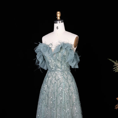 Luxury Feathers Green Off Shoulder Evening Dress SS303