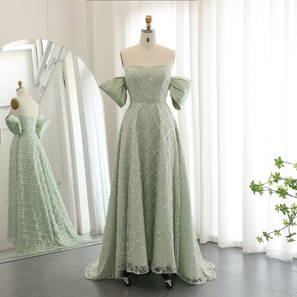 Elegant Sequin Sage Green A-line Strapless Evening Dresses SS427