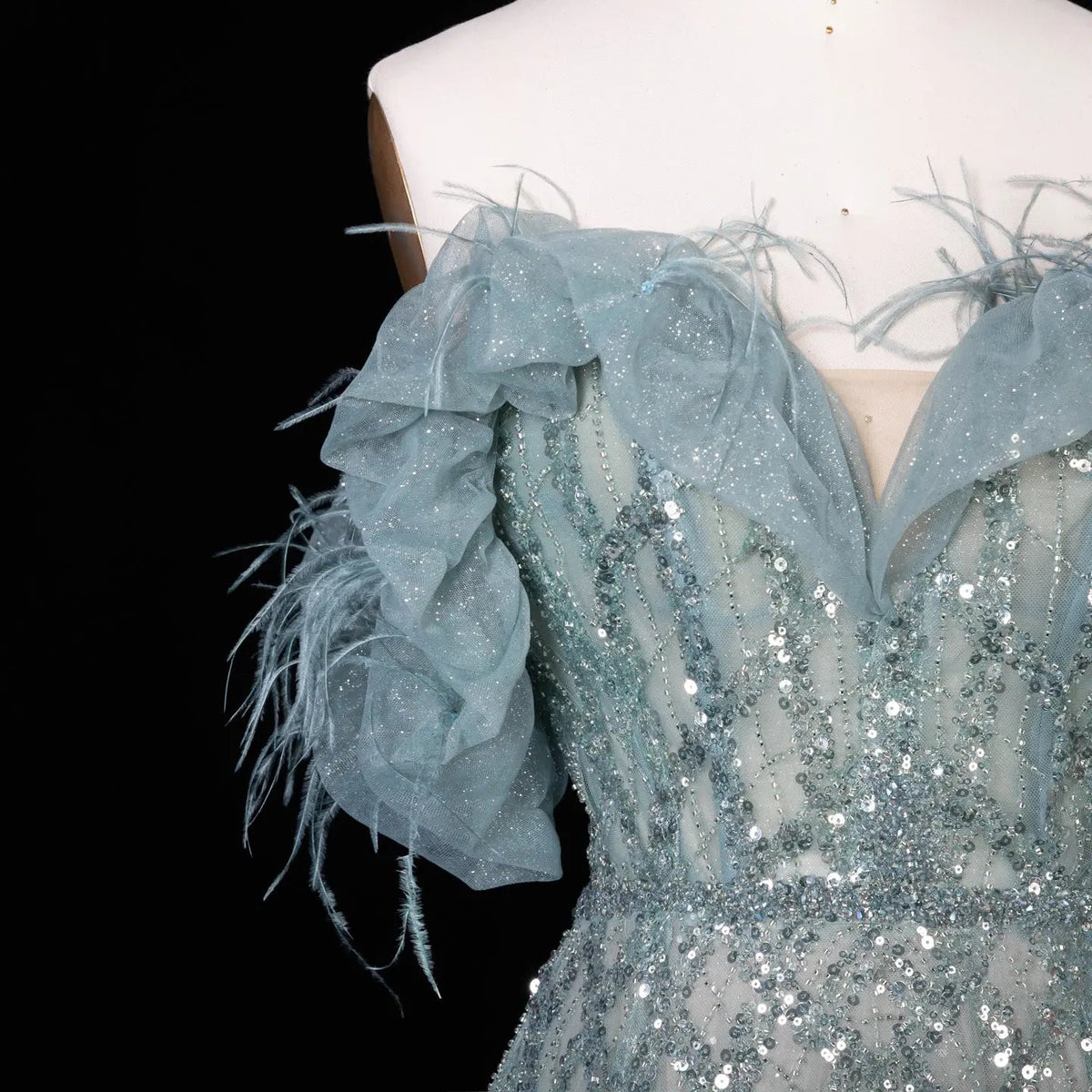 Luxury Feathers Green Off Shoulder Evening Dress SS303