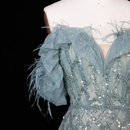 Luxury Feathers Green Off Shoulder Evening Dress SS303
