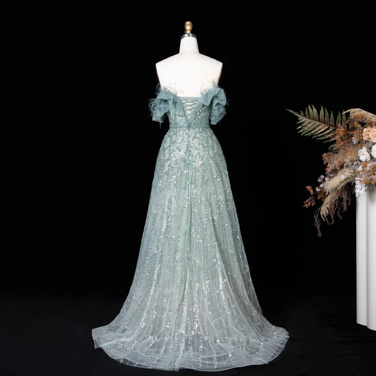 Luxury Feathers Green Off Shoulder Evening Dress SS303