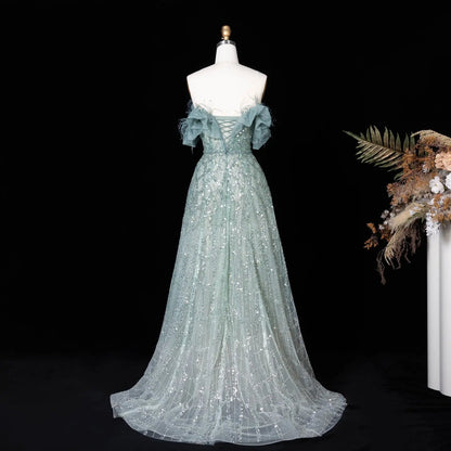 Luxury Feathers Green Off Shoulder Evening Dress SS303