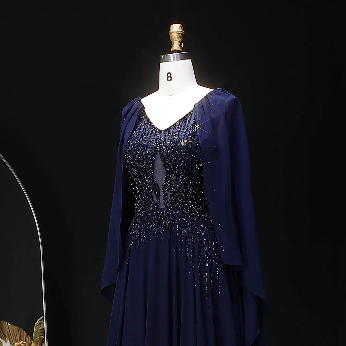 Luxury Purple V-Neck Beaded Chiffon Evening Dress with Cape Sleeves SS053