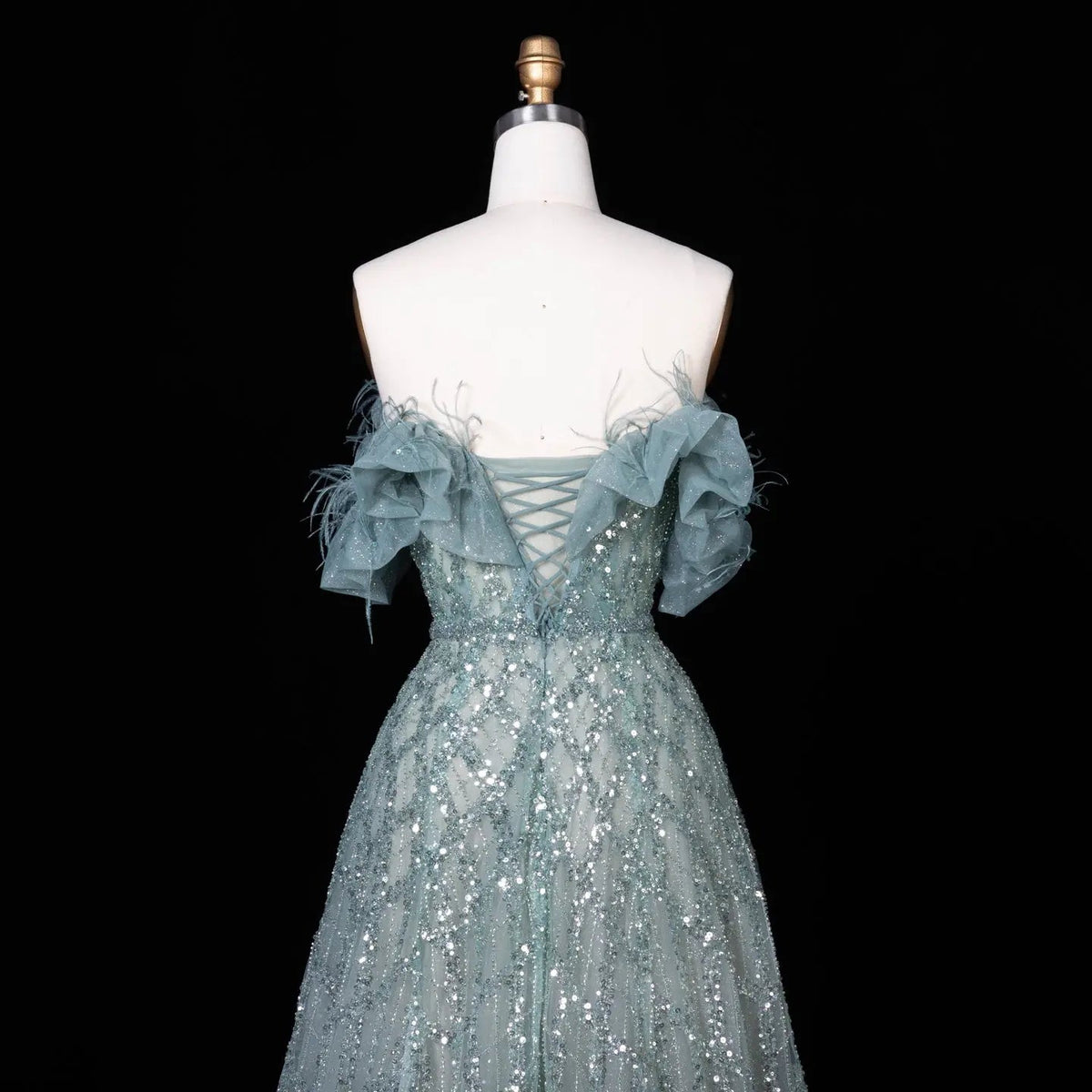 Luxury Feathers Green Off Shoulder Evening Dress SS303
