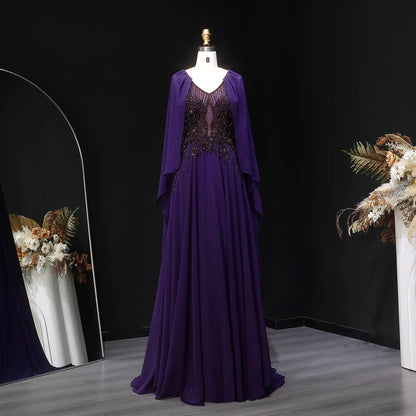 Luxury Purple V-Neck Beaded Chiffon Evening Dress with Cape Sleeves SS053