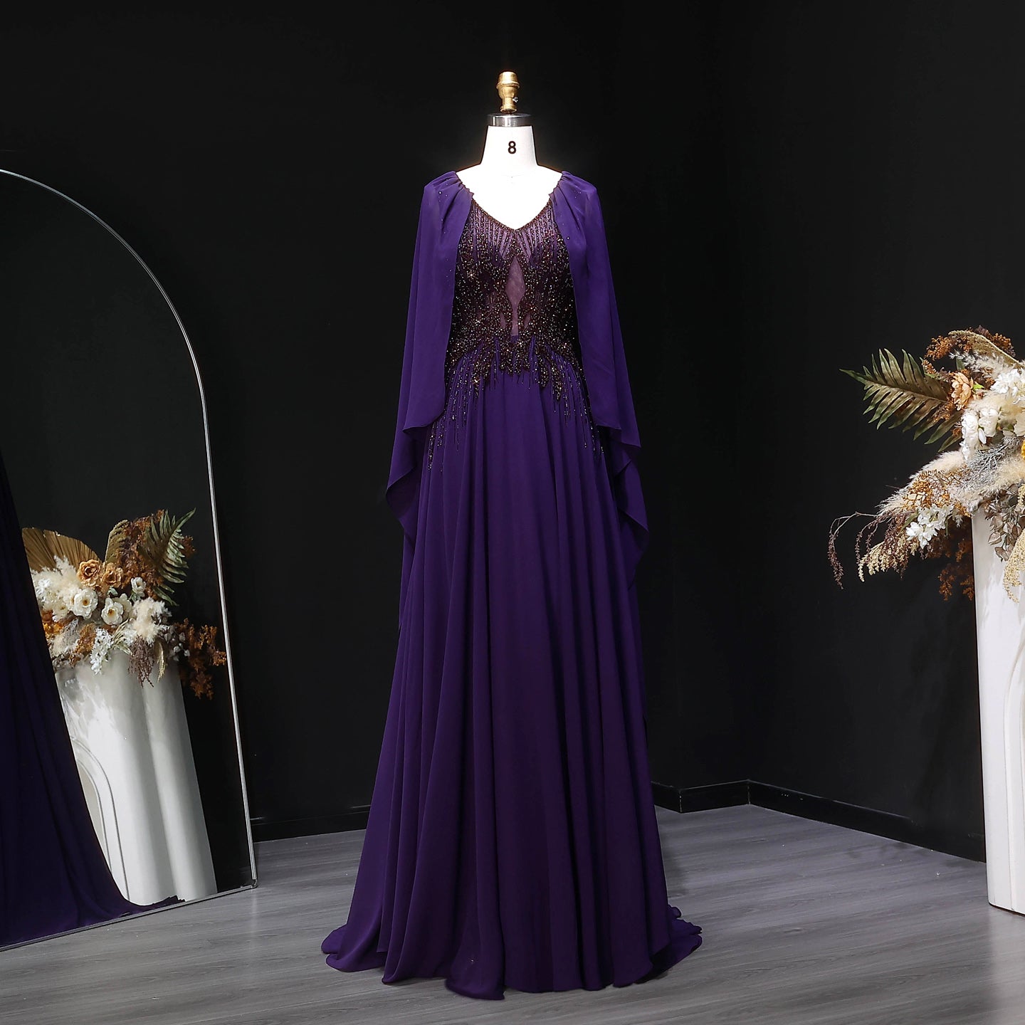 Elegant Purple V-Neck Beaded Chiffon Evening Dress with Cape Sleeves SS053
