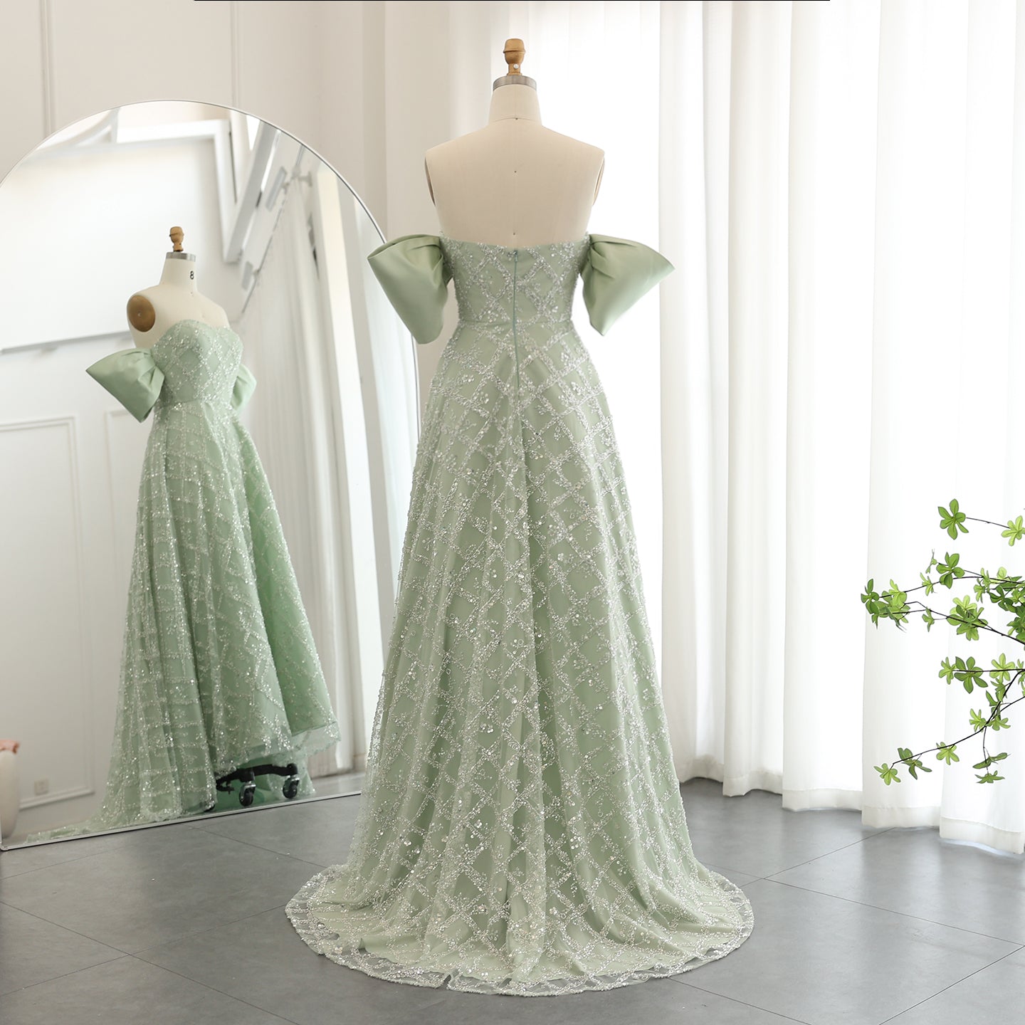 Elegant Sequin Sage Green A-line Strapless Evening Dresses SS427