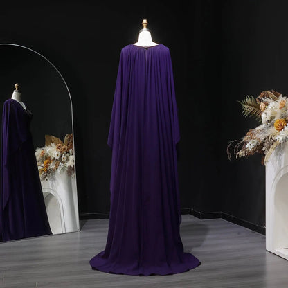 Luxury Purple V-Neck Beaded Chiffon Evening Dress with Cape Sleeves SS053