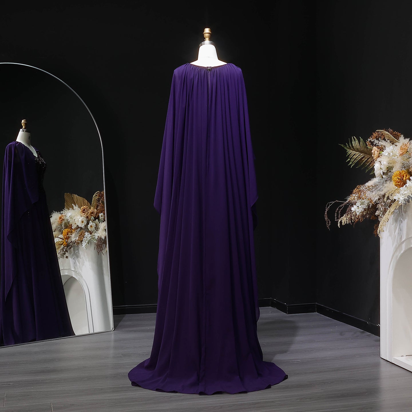 Elegant Purple V-Neck Beaded Chiffon Evening Dress with Cape Sleeves SS053