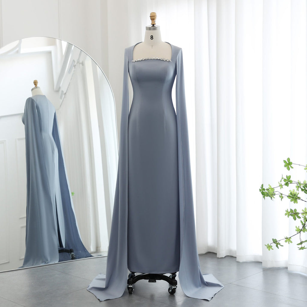 Elegant Crystal Light Blue Satin Evening Dress with Cape Sleeve SF486