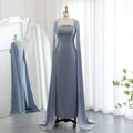 Elegant Crystal Light Blue Satin Evening Dress with Cape Sleeve SF486