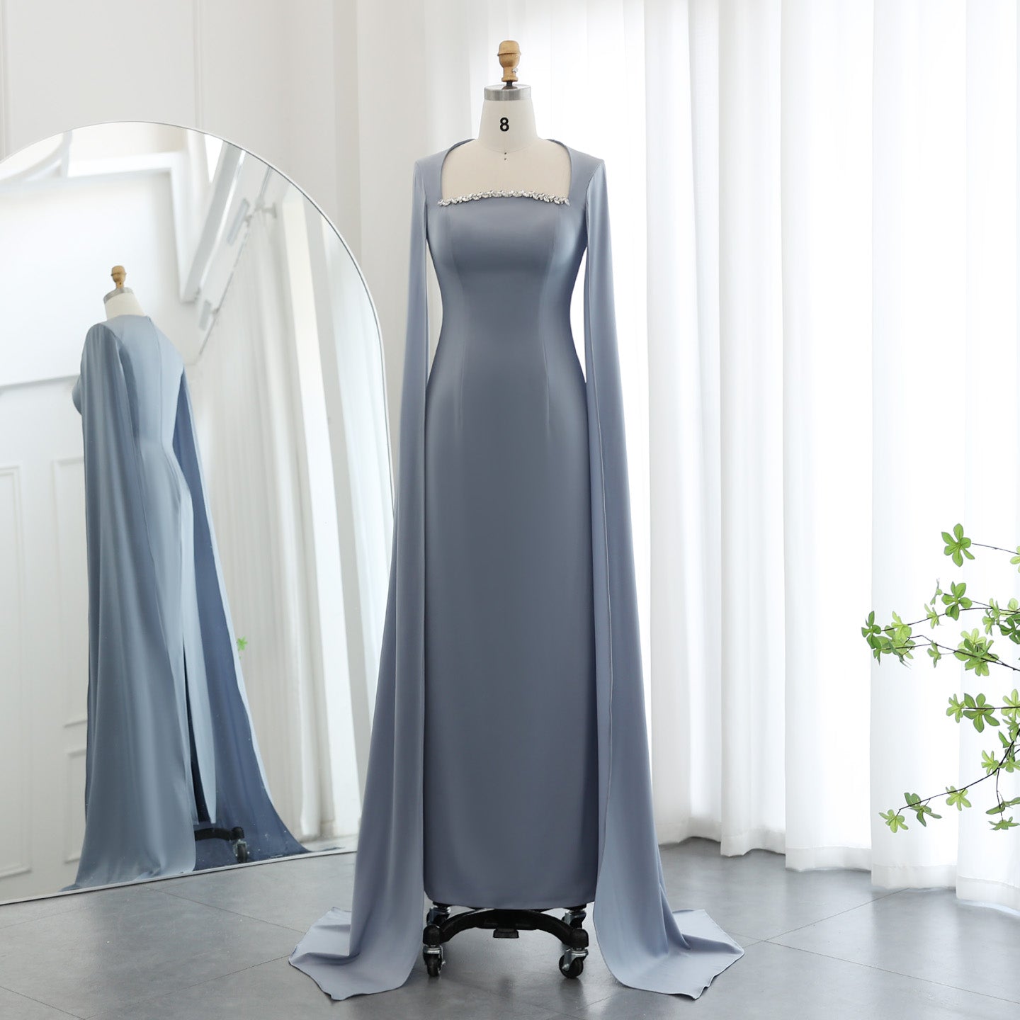 Elegant Crystal Light Blue Satin Evening Dress with Cape Sleeve SF486