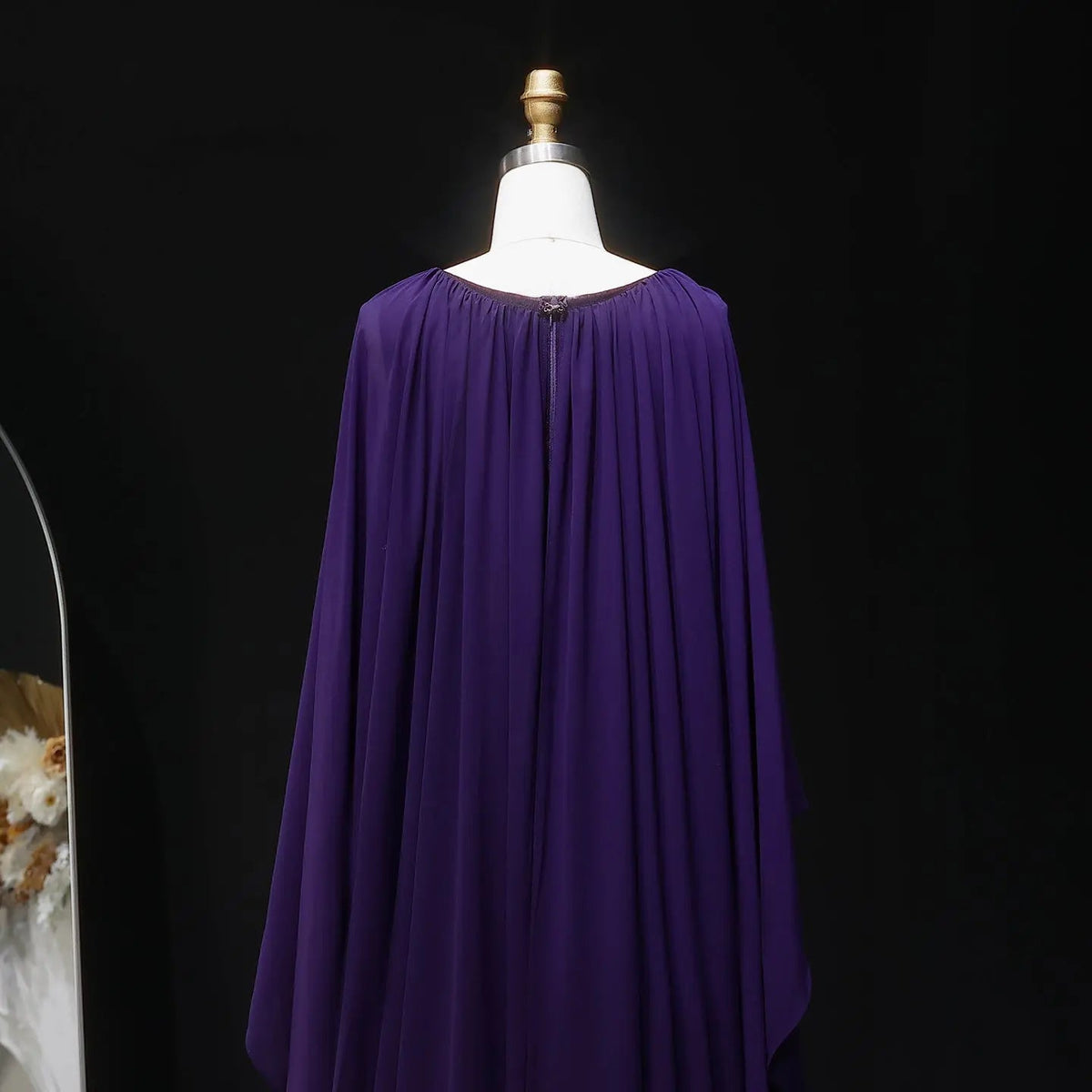 Luxury Purple V-Neck Beaded Chiffon Evening Dress with Cape Sleeves SS053