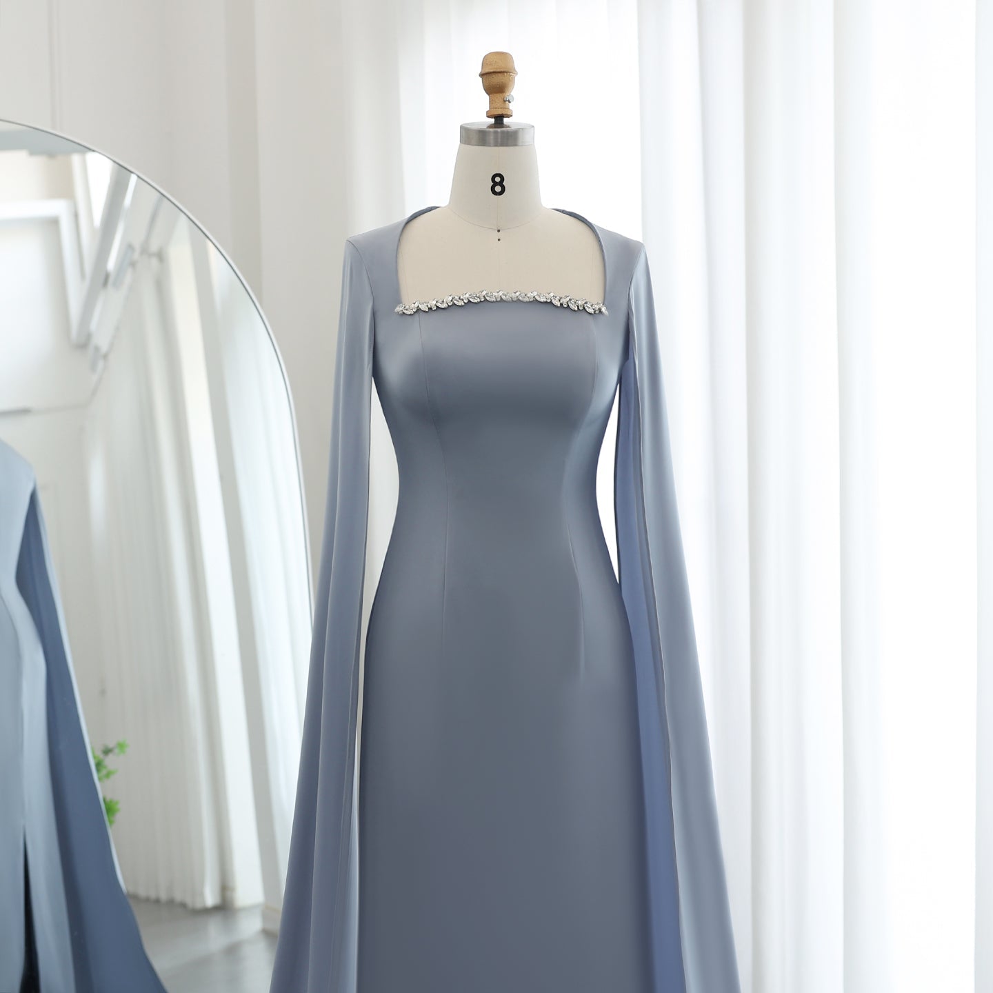 Elegant Crystal Light Blue Satin Evening Dress with Cape Sleeve SF486