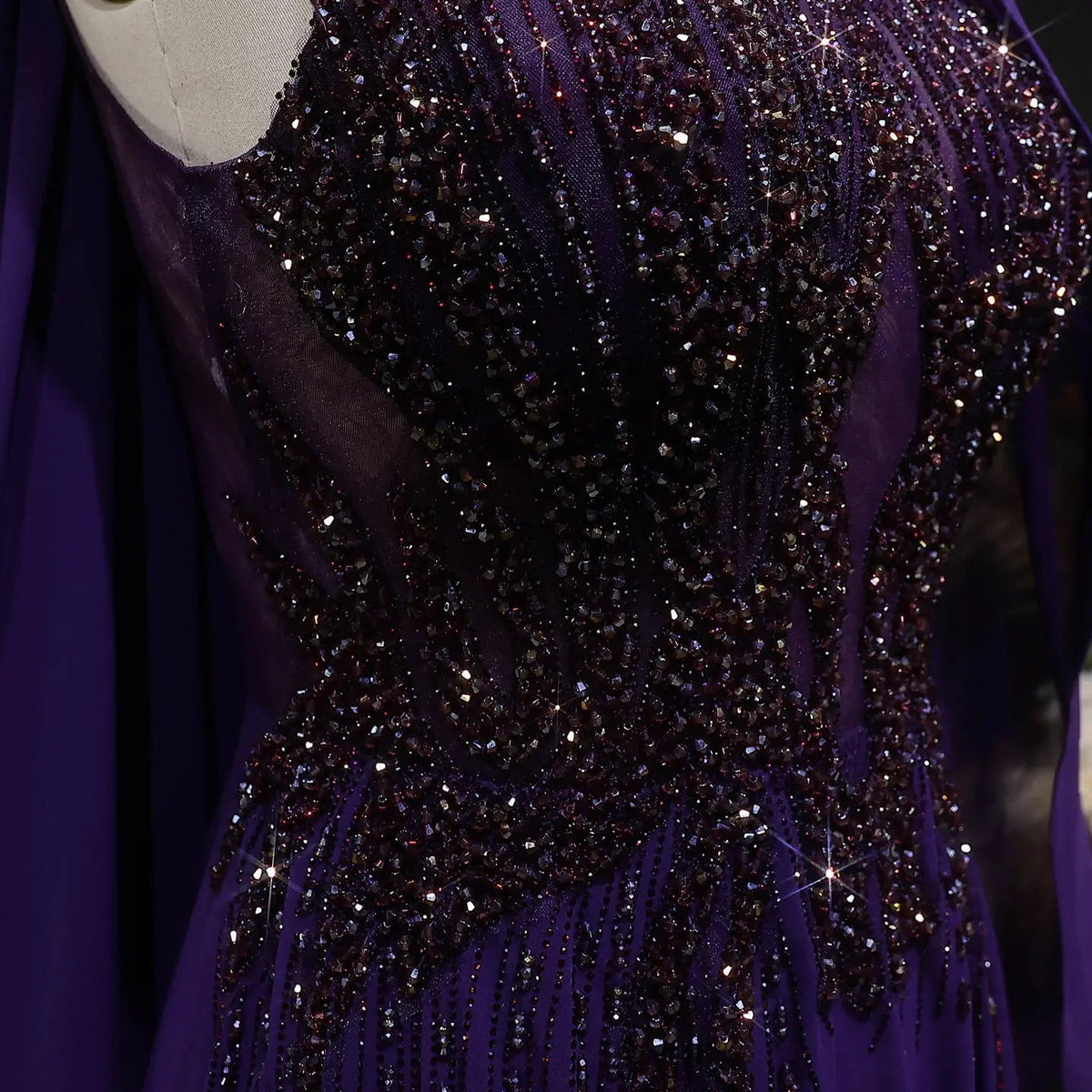 Luxury Purple V-Neck Beaded Chiffon Evening Dress with Cape Sleeves SS053