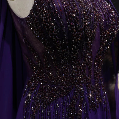 Luxury Purple V-Neck Beaded Chiffon Evening Dress with Cape Sleeves SS053