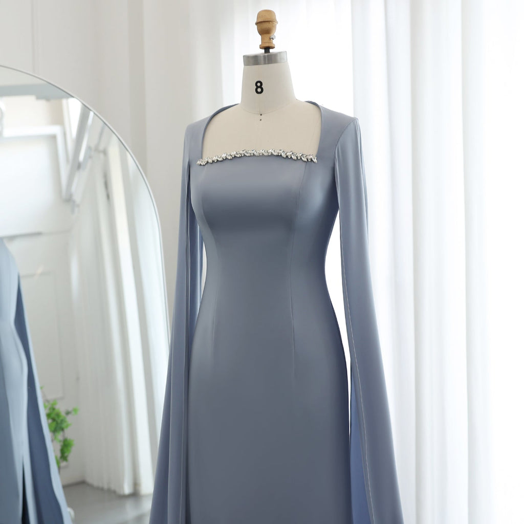 Elegant Crystal Light Blue Satin Evening Dress with Cape Sleeve SF486