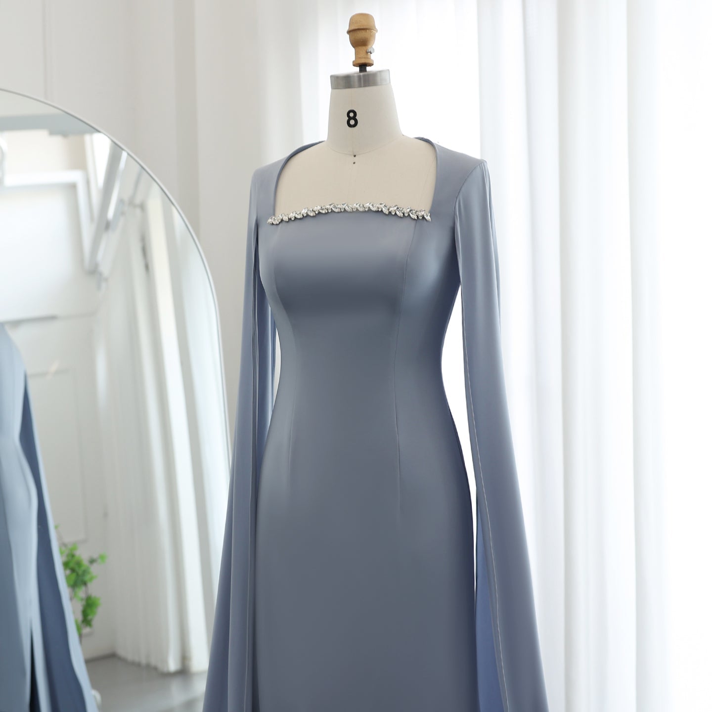 Elegant Crystal Light Blue Satin Evening Dress with Cape Sleeve SF486