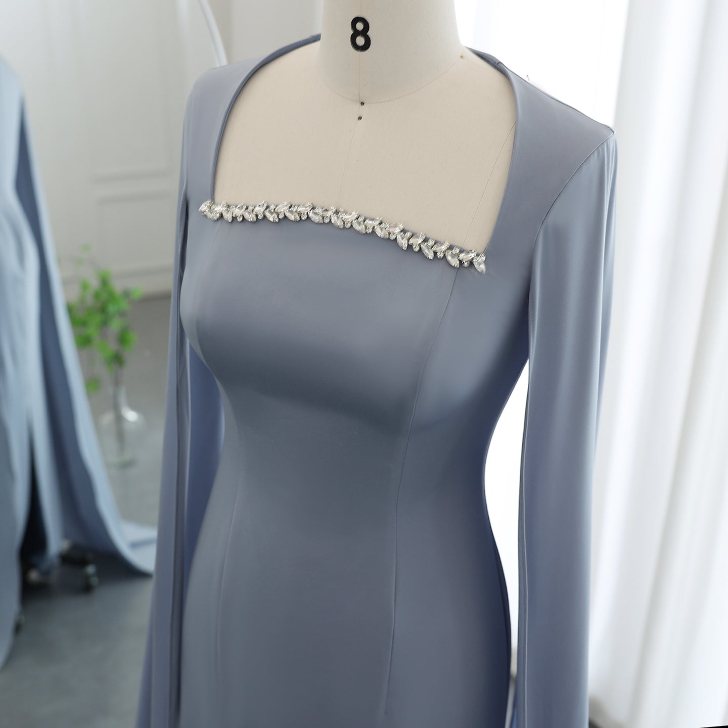 Elegant Crystal Light Blue Satin Evening Dress with Cape Sleeve SF486
