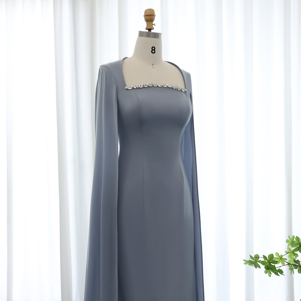 Elegant Crystal Light Blue Satin Evening Dress with Cape Sleeve SF486