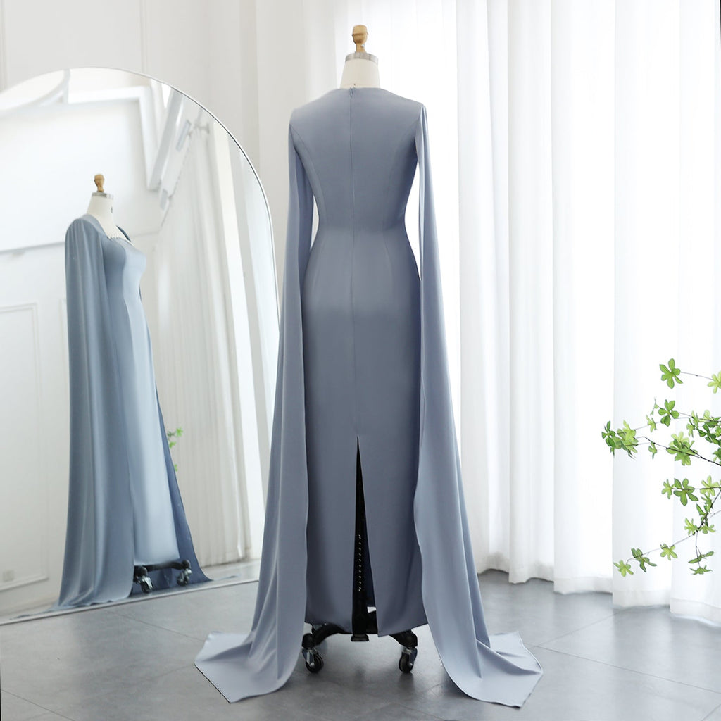 Elegant Crystal Light Blue Satin Evening Dress with Cape Sleeve SF486