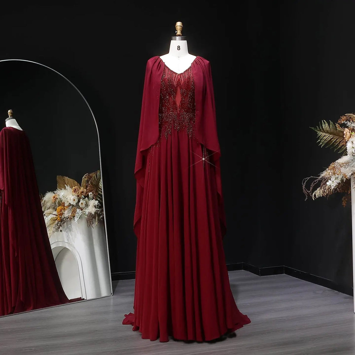 Luxury Purple V-Neck Beaded Chiffon Evening Dress with Cape Sleeves SS053