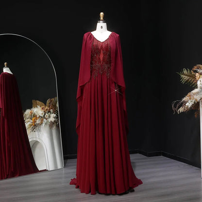 Luxury Purple V-Neck Beaded Chiffon Evening Dress with Cape Sleeves SS053
