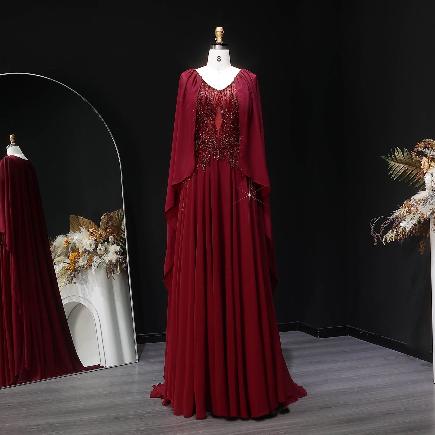 Elegant Purple V-Neck Beaded Chiffon Evening Dress with Cape Sleeves SS053