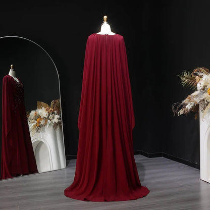 Luxury Purple V-Neck Beaded Chiffon Evening Dress with Cape Sleeves SS053