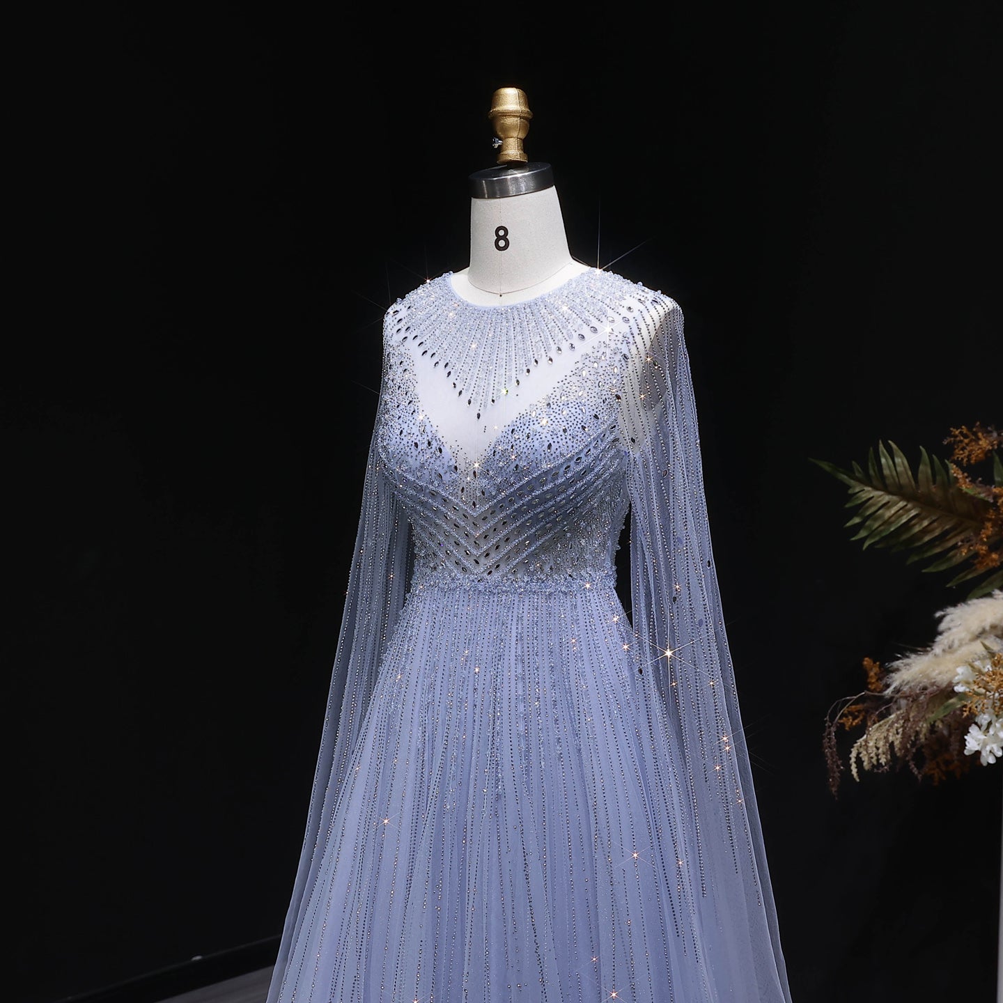 Luxury Pink Illusion Neck Beaded Chiffon Evening Dress with Cape Sleeves SS054