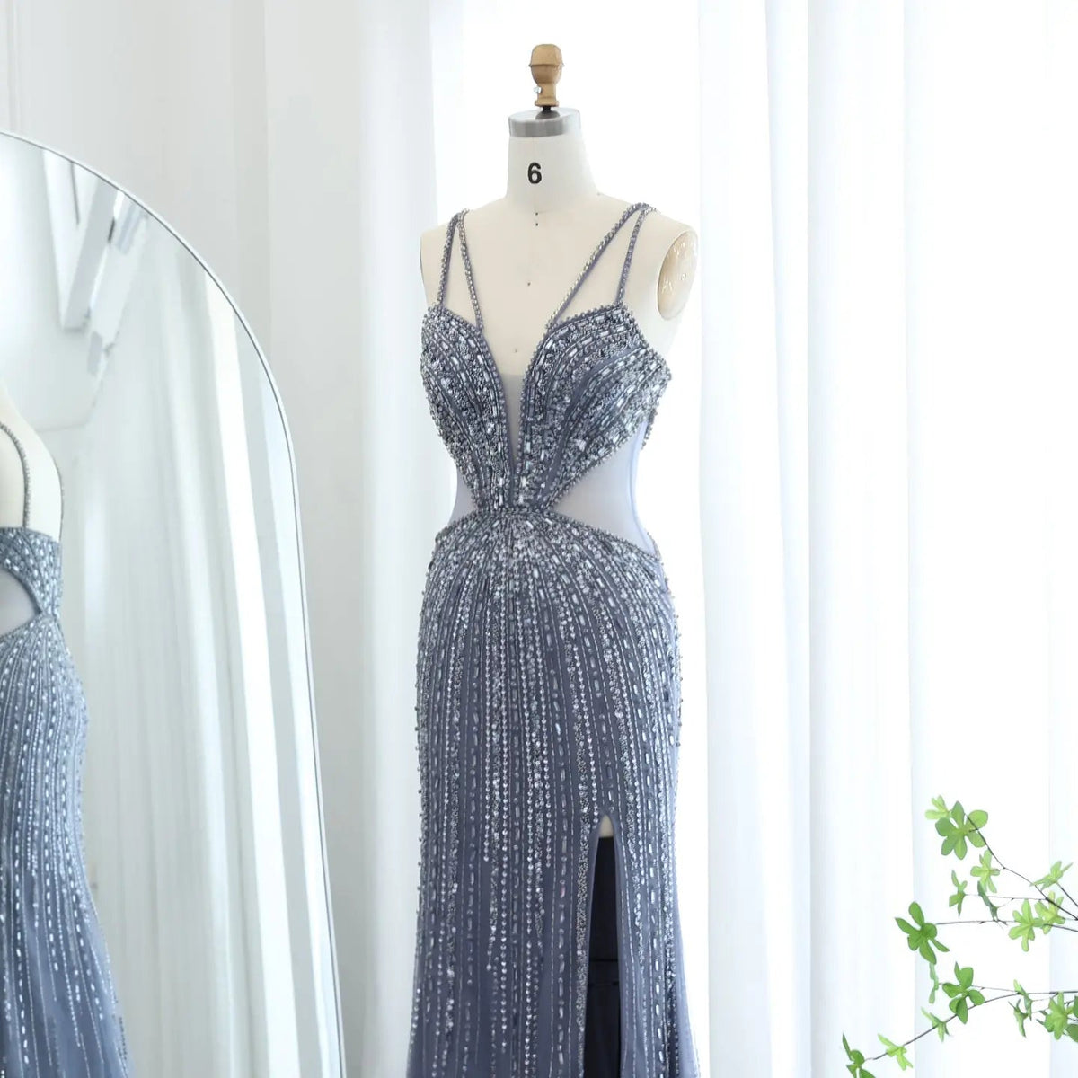 Luxury Beaded Crystal Blue Spaghetti Strap High-Slit Evening Dress SS177
