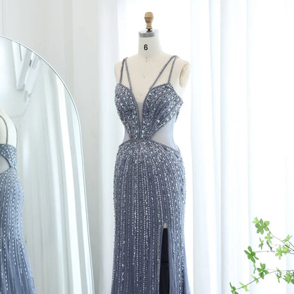 Luxury Beaded Crystal Blue Spaghetti Strap High-Slit Evening Dress SS177