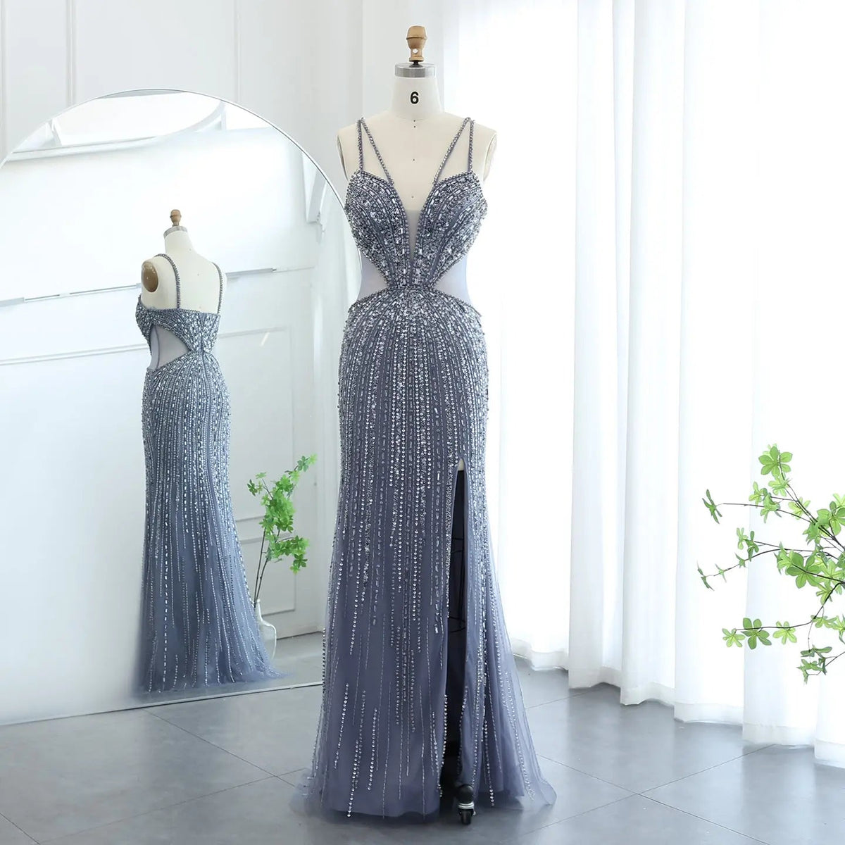 Luxury Beaded Crystal Blue Spaghetti Strap High-Slit Evening Dress SS177
