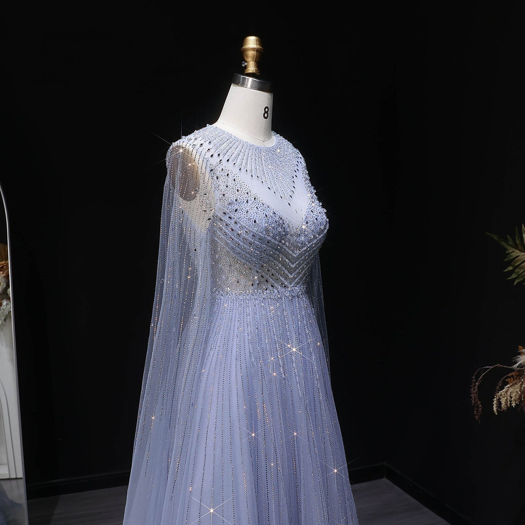 Luxury Pink Illusion Neck Beaded Chiffon Evening Dress with Cape Sleeves SS054