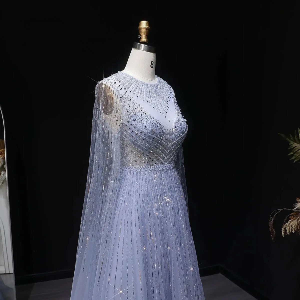 Glamorous Pink Illusion Neck Beaded Chiffon Evening Dress with Cape Sleeves SS054
