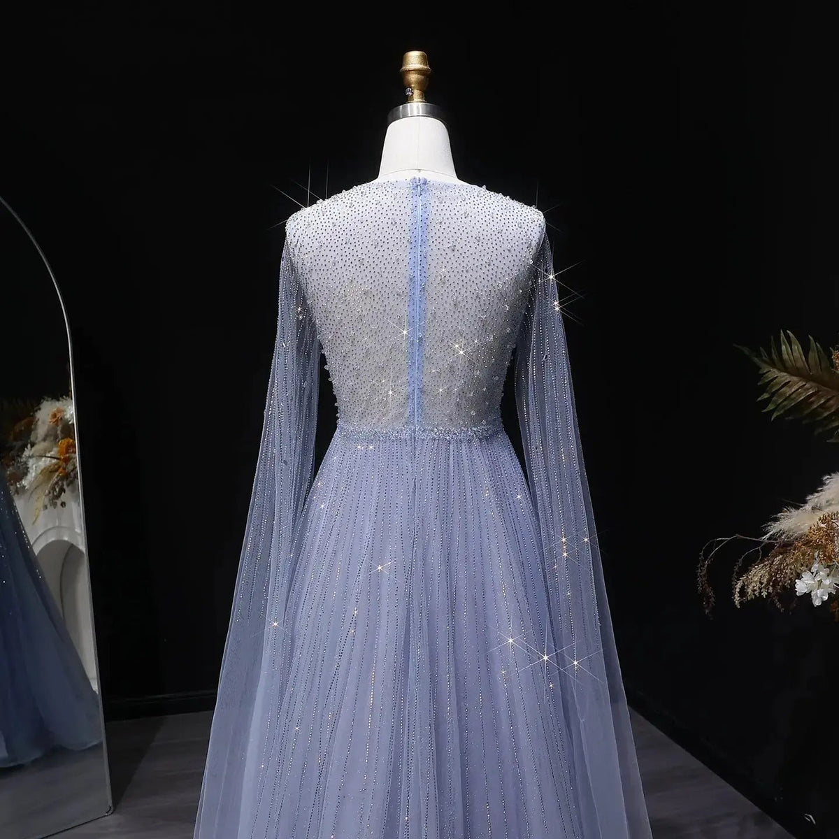 Glamorous Pink Illusion Neck Beaded Chiffon Evening Dress with Cape Sleeves SS054