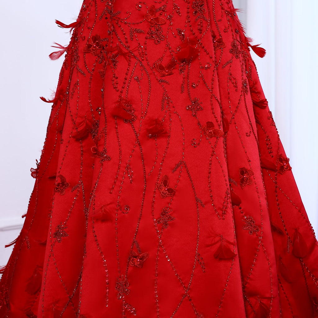 Luxury Feathers Coral Pink Beaded A-Line Evening Dresses SS470